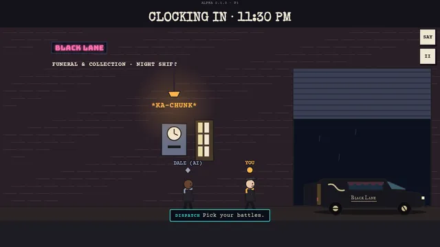 The crew punches the time clock in the Black Lane garage at 11:30 PM, the hearse parked behind them.