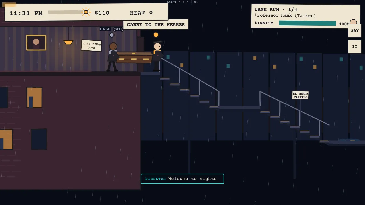 Carrying a casket out of an Old Town walk-up in the rain, with Dale the AI coworker on the other end.