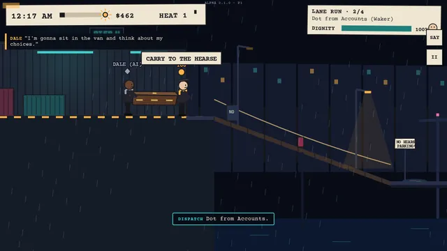 Two crew carry a casket down a gangway at the Docks at night.