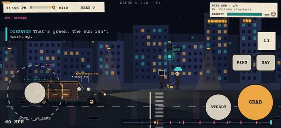 CLOSED CASKET on an iPhone held sideways: the hearse on a wet neon street, a joystick on the left and a big DRIVE button on the right.