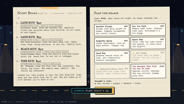 The Night Board: four contracts pinned up on paper, and the prep shop list next to them.